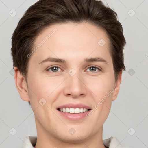 Joyful white young-adult female with short  brown hair and grey eyes