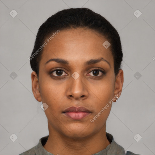 Neutral latino young-adult female with short  black hair and brown eyes