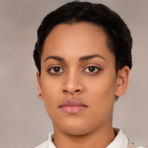 Neutral latino young-adult female with short  brown hair and brown eyes