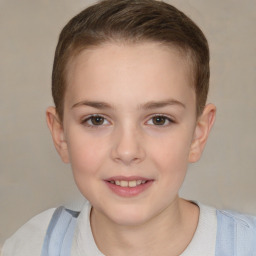 Joyful white child female with short  brown hair and brown eyes