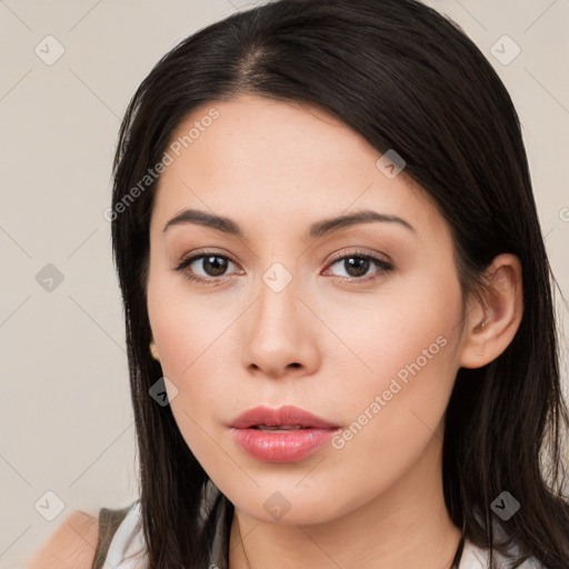 Neutral white young-adult female with long  brown hair and brown eyes