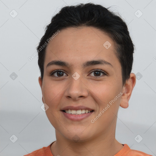 Joyful white young-adult female with short  brown hair and brown eyes