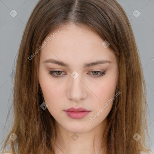 Neutral white young-adult female with long  brown hair and brown eyes