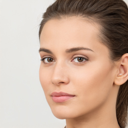 Neutral white young-adult female with long  brown hair and brown eyes