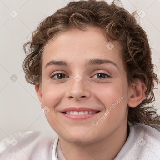 Joyful white child female with medium  brown hair and brown eyes