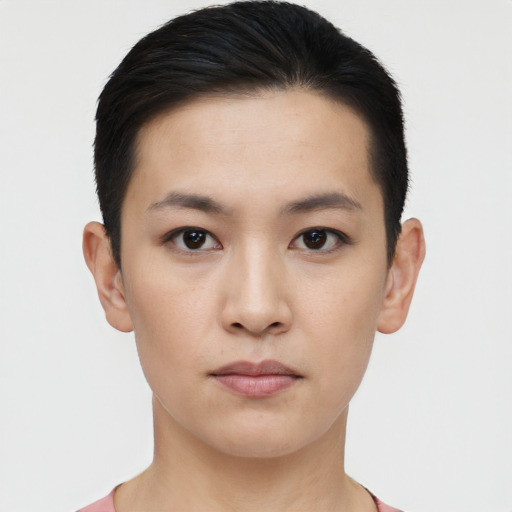 Neutral asian young-adult female with short  black hair and brown eyes