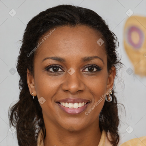 Joyful black young-adult female with medium  brown hair and brown eyes