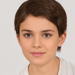 Joyful white child female with short  brown hair and brown eyes