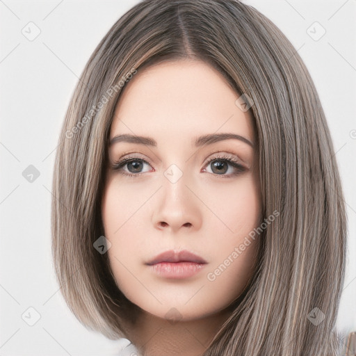 Neutral white young-adult female with long  brown hair and brown eyes