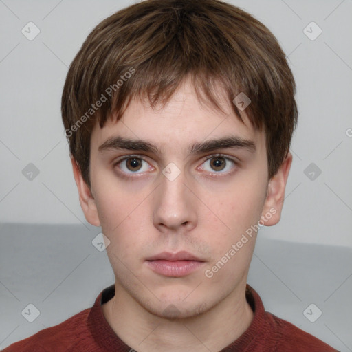 Neutral white young-adult male with short  brown hair and grey eyes