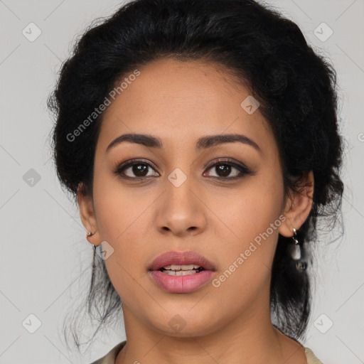 Joyful latino young-adult female with long  brown hair and brown eyes