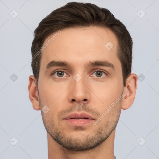 Neutral white young-adult male with short  brown hair and brown eyes