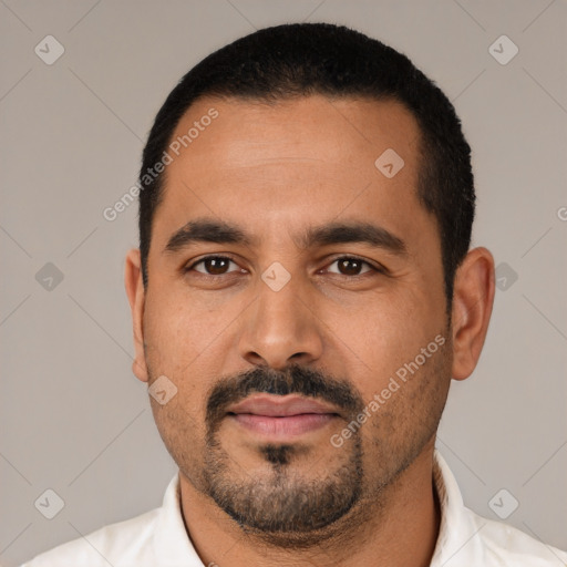 Neutral latino young-adult male with short  black hair and brown eyes