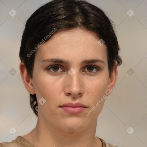 Neutral white young-adult female with short  brown hair and brown eyes