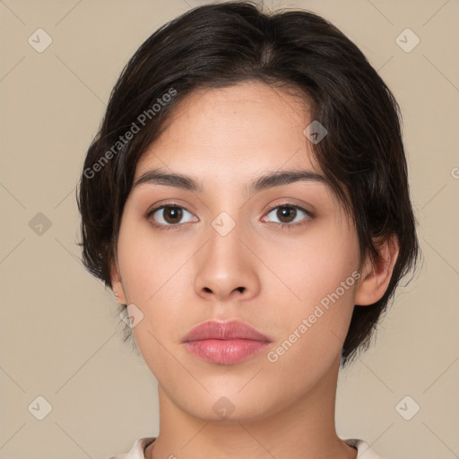 Neutral white young-adult female with medium  brown hair and brown eyes