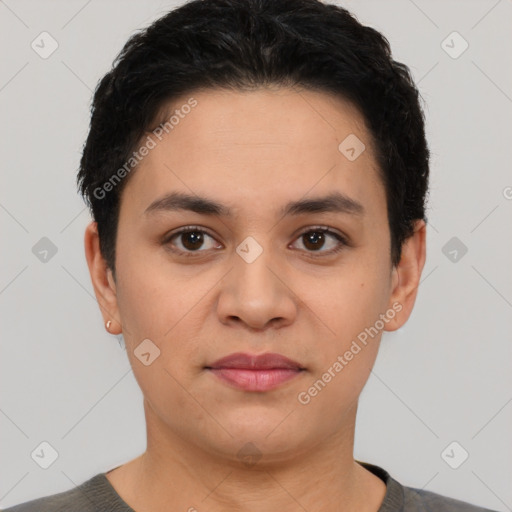 Neutral latino young-adult female with short  black hair and brown eyes