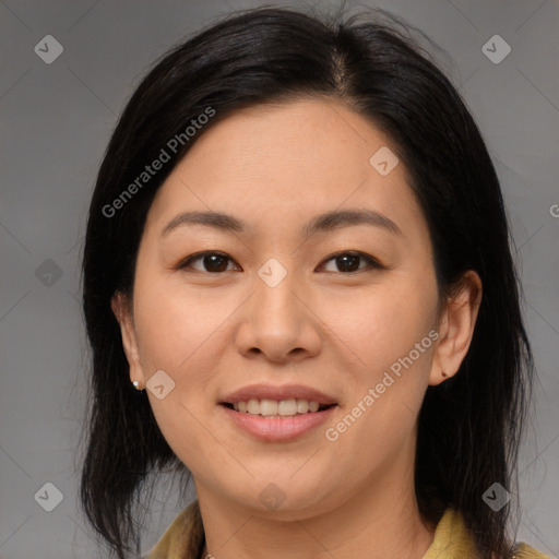 Joyful white young-adult female with medium  brown hair and brown eyes