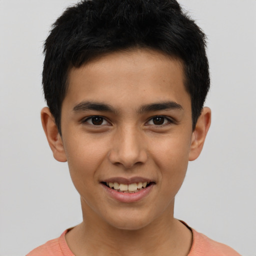 Joyful latino young-adult male with short  brown hair and brown eyes