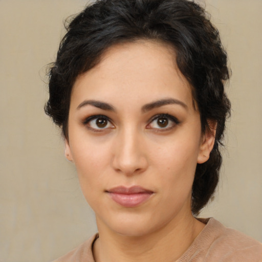 Neutral latino young-adult female with medium  brown hair and brown eyes