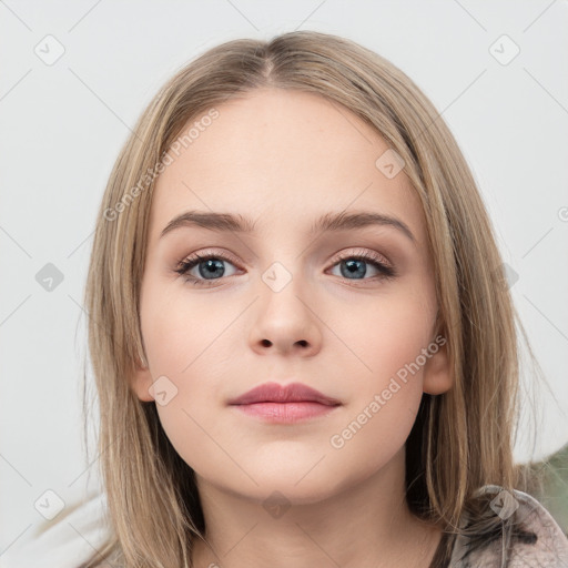 Neutral white young-adult female with medium  brown hair and grey eyes