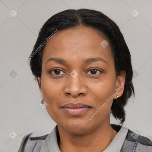 Joyful black young-adult female with medium  black hair and brown eyes