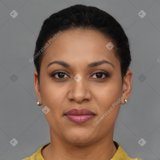 Joyful latino young-adult female with short  brown hair and brown eyes