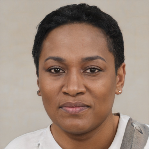Joyful latino adult female with short  black hair and brown eyes