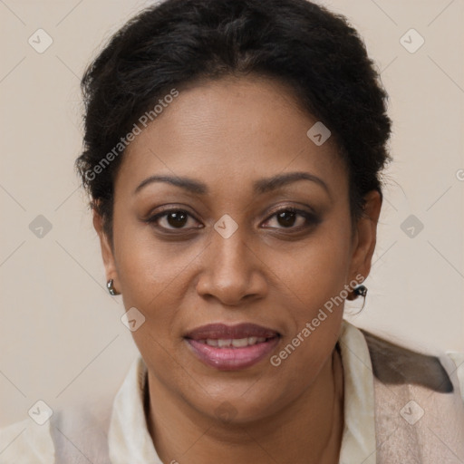 Joyful black adult female with short  brown hair and brown eyes