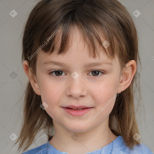 Joyful white child female with medium  brown hair and brown eyes