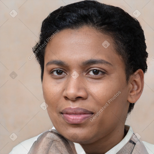 Joyful latino young-adult female with short  brown hair and brown eyes