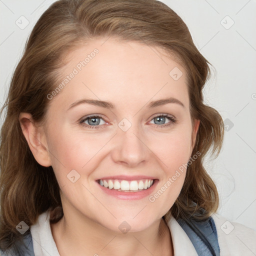 Joyful white young-adult female with medium  brown hair and blue eyes