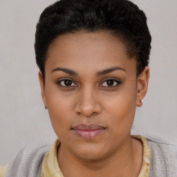 Neutral latino young-adult female with short  black hair and brown eyes