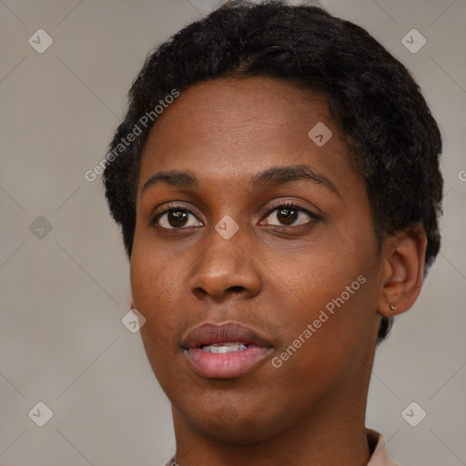 Neutral black young-adult female with short  black hair and brown eyes