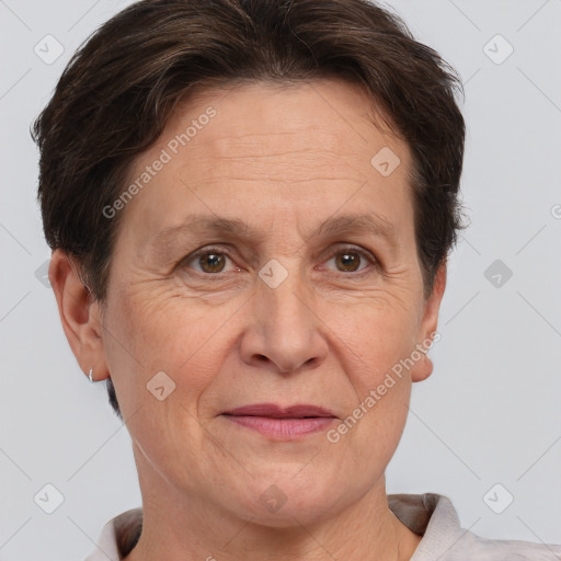 Joyful white middle-aged female with short  brown hair and brown eyes