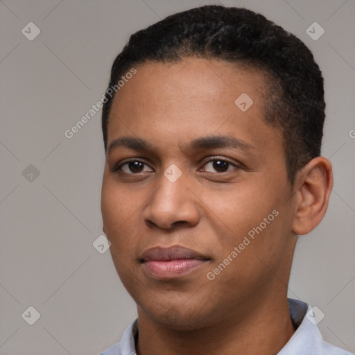 Joyful latino young-adult male with short  brown hair and brown eyes