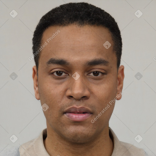 Neutral latino young-adult male with short  black hair and brown eyes