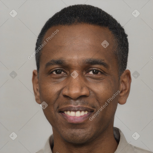 Joyful latino adult male with short  black hair and brown eyes