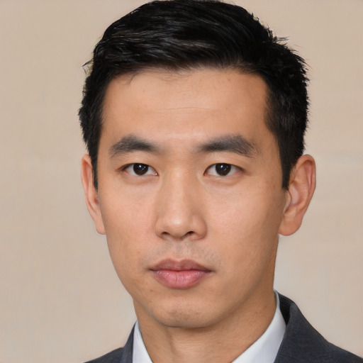 Neutral asian young-adult male with short  black hair and brown eyes