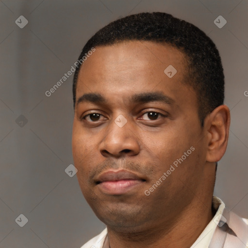 Neutral black young-adult male with short  black hair and brown eyes