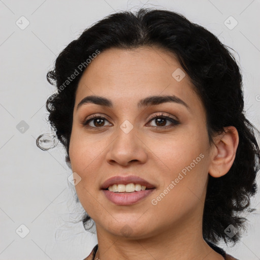 Joyful latino young-adult female with medium  black hair and brown eyes