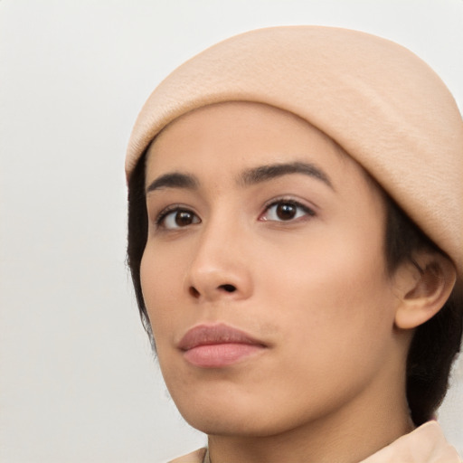 Neutral white young-adult female with short  brown hair and brown eyes