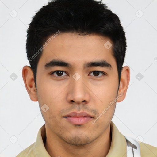 Neutral asian young-adult male with short  black hair and brown eyes