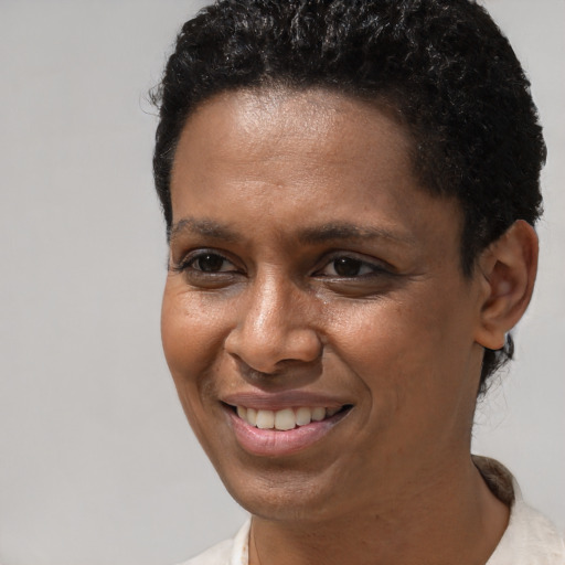 Joyful black young-adult male with short  brown hair and brown eyes