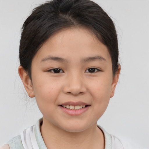 Joyful white child female with medium  brown hair and brown eyes