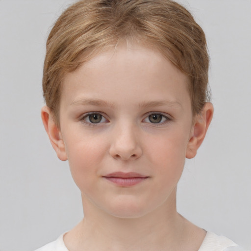 Neutral white child female with short  brown hair and grey eyes