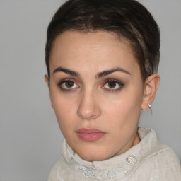 Neutral white young-adult female with short  brown hair and brown eyes