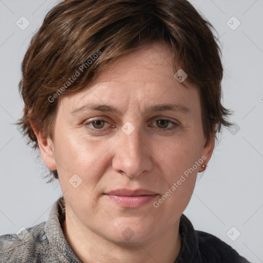 Joyful white adult female with medium  brown hair and grey eyes