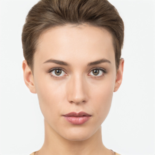 Neutral white young-adult female with short  brown hair and brown eyes