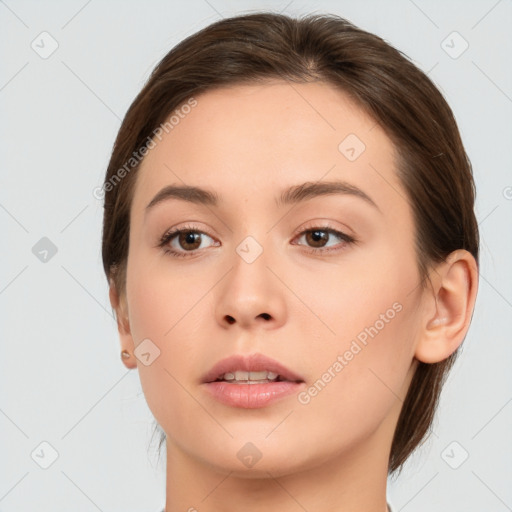 Neutral white young-adult female with medium  brown hair and brown eyes