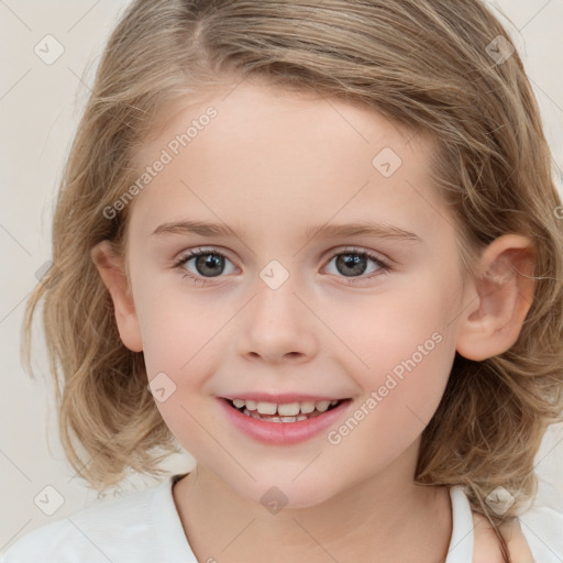 Joyful white child female with medium  brown hair and brown eyes